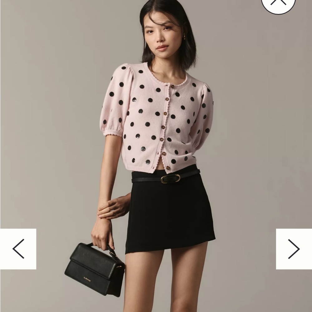 Maeve Light Pink Cashmere Cardigan with Black Polka Dots